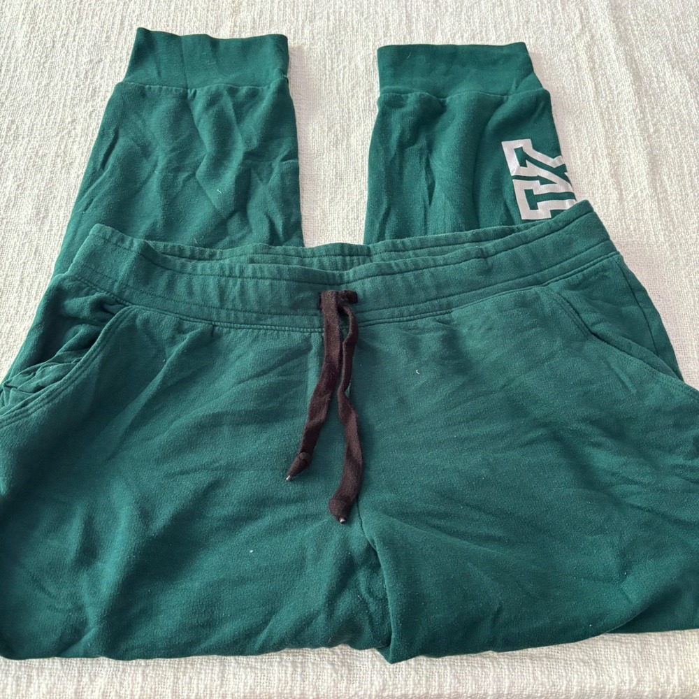 Victorias Secret PINK Joggers XL Green Silver Logo Fleece Sweatpants Lounge